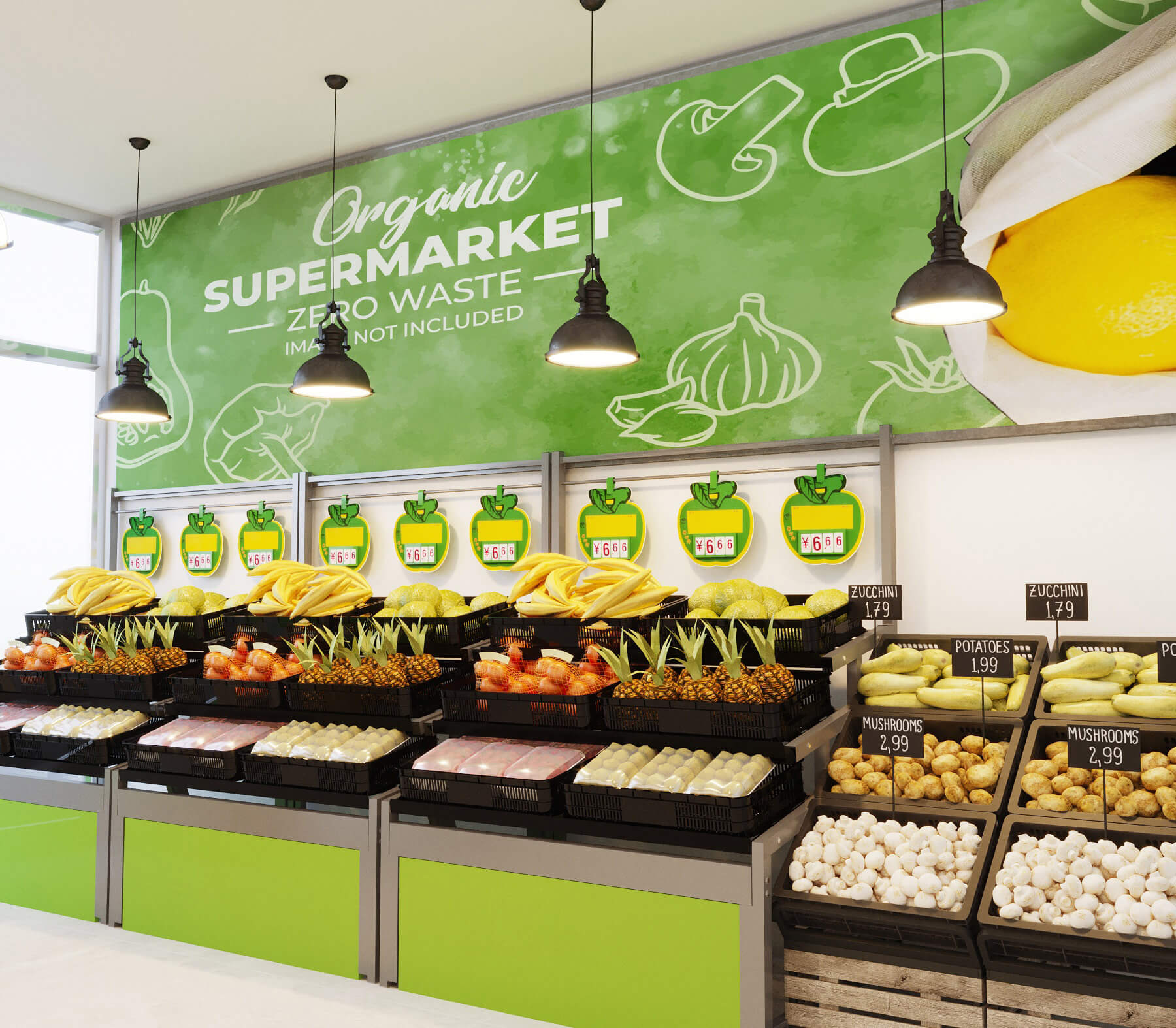 Cây xanh hay màu xanh lá cây nên được đưa vào thiết kế cửa hàng hoa quả