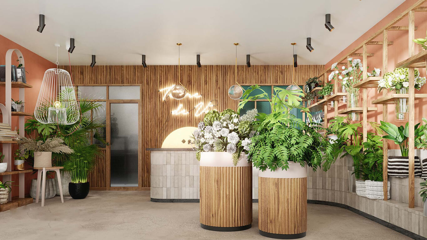 Chất liệu phù hợp cho các shop hoa tươi nhỏ là gỗ tự nhiên, kính