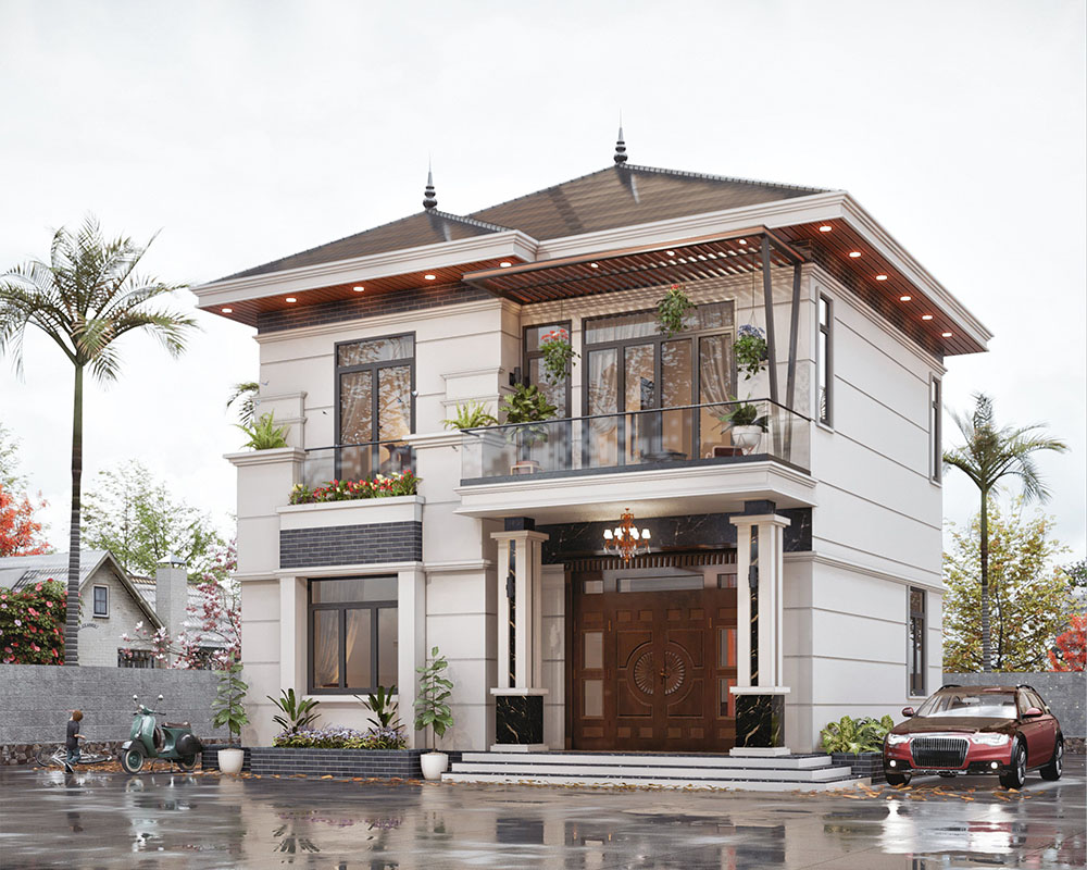 mẫu thiết kế mặt tiền nhà 2 tầng mái Nhật đình đám 2023