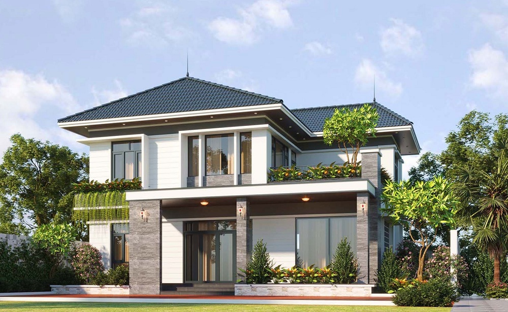 mẫu thiết kế mặt tiền nhà 2 tầng mái Nhật đình đám 2023