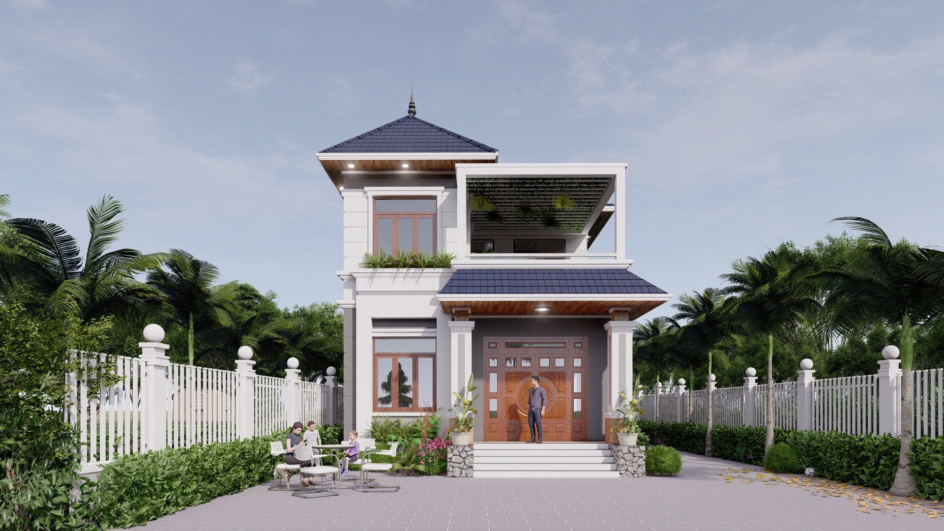 mẫu thiết kế mặt tiền nhà 2 tầng mái Nhật đình đám 2023