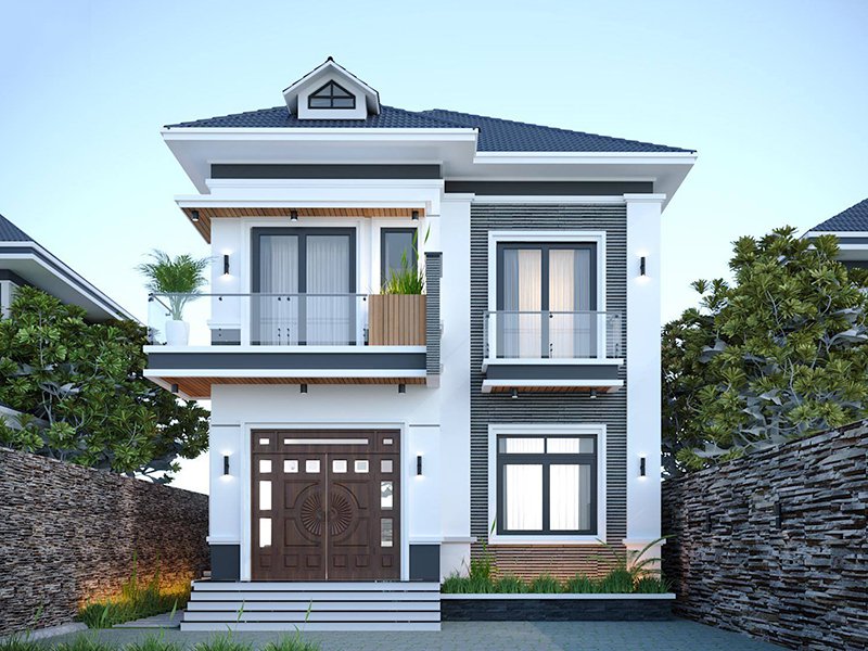 mẫu thiết kế mặt tiền nhà 2 tầng mái Nhật đình đám 2023