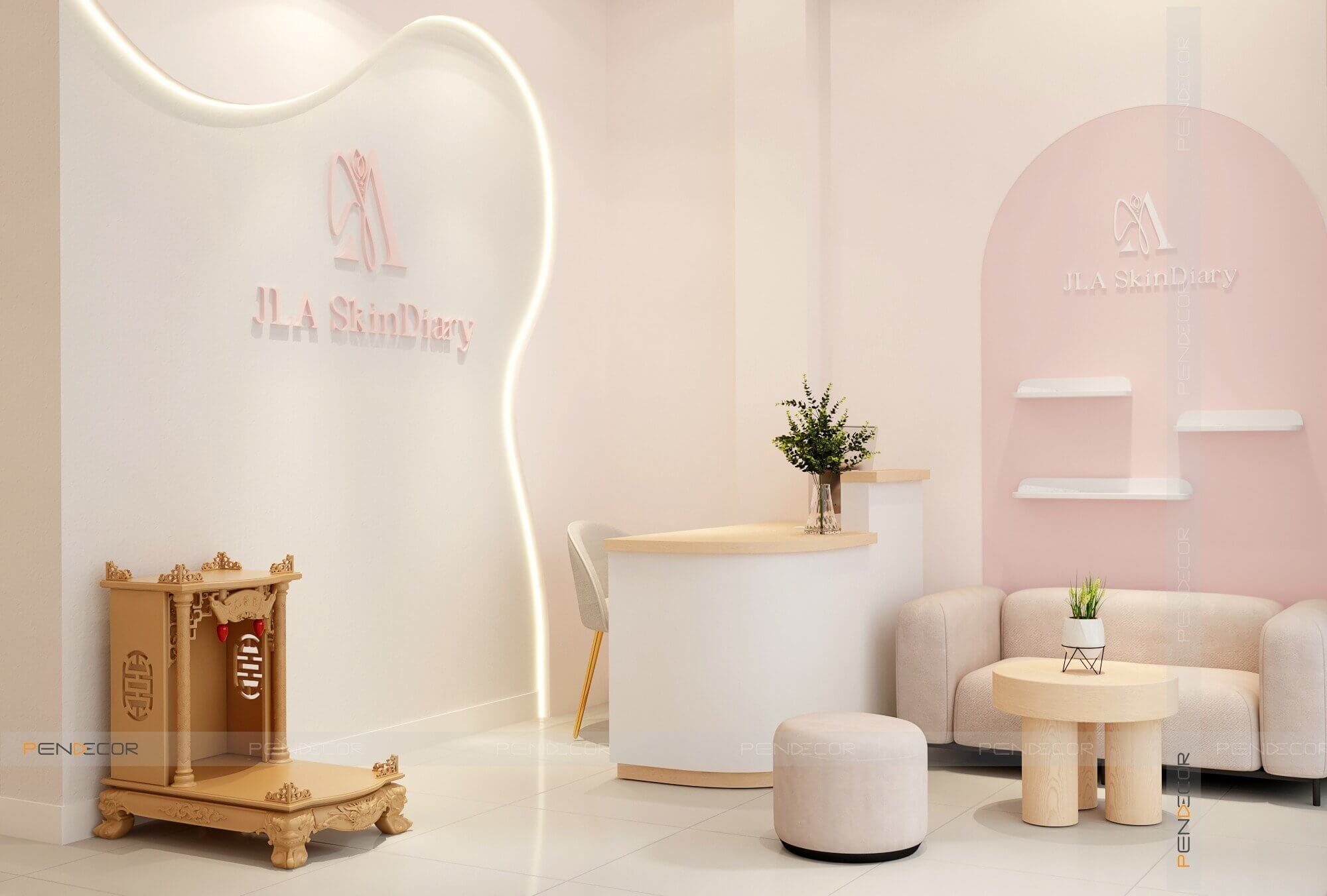 thiết kế spa màu hồng Pendecor
